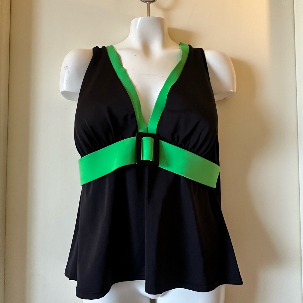 I.f. Bright Green & Black Belted Halter Pin Up Style Tankini Swim Suit Top.